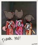 anthro blindfold blood bodily_fluids border bravobunny brown_mask english_text excessive_blood female flaccid fur genitals gore grey_border group hi_res holding_object holding_sign humanoid_genitalia humanoid_penis male mammal mask nude penis pink_body pink_fur sign standing text thank_you trio vulva yellow_body yellow_fur