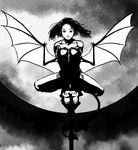  bare_shoulders ciel dan_kim demon_wings full_moon greyscale high_contrast lamppost melty_blood monochrome moon night short_hair sky solo squatting tail tsukihime wings 