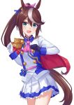  1girl absurdres animal_ears ascot asymmetrical_gloves black_gloves blue_eyes blush brown_hair buttons cape career_inada commentary_request double-breasted epaulettes gloves hair_between_eyes highres horse_ears horse_girl horse_tail jacket long_hair long_sleeves looking_at_viewer mismatched_gloves multicolored_hair multicolored_jacket open_mouth pink_ascot ponytail red_cape simple_background single_epaulette single_hair_streak skirt smile solo streaked_hair tail tokai_teio_(peak_joy)_(umamusume) tokai_teio_(umamusume) two-tone_hair two-tone_jacket two-tone_skirt umamusume white_background white_gloves white_hair white_jacket white_skirt white_streaks 