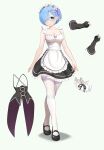  1girl absurdres apron black_corset black_ribbon black_shoes black_skirt black_sleeves blue_eyes breasts cleavage collarbone commentary_request corset detached_collar detached_sleeves frilled_skirt frills full_body gibun_(sozoshu) hair_over_one_eye highres large_variant_set maid maid_apron mary_janes medium_breasts re:zero_kara_hajimeru_isekai_seikatsu rem_(re:zero) ribbon roswaal_mansion_maid_uniform shadow shoes skirt solo standing thighhighs unworn_corset unworn_sleeves variant_set waist_apron white_thighhighs 