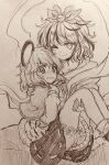  2girls absurdres animal_ears bloomers blush capelet carrying closed_mouth commentary_request efukei embarrassed hair_ornament hair_ribbon hand_on_another's_shoulder highres long_sleeves looking_at_viewer monochrome mouse_ears mouse_tail multicolored_hair multiple_girls nazrin one-hour_drawing_challenge one_eye_closed open_mouth princess_carry ribbon shawl short_hair smile tail toramaru_shou touhou two-tone_hair underwear upskirt wavy_hair yuri 