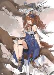  1girl :d angelina_(ambience_synesthesia_2025)_(arknights) angelina_(arknights) animal_ears arknights arm_strap bare_shoulders belt black_shoes blue_dress branch brown_eyes brown_hair commentary_request dress flower fox_ears fox_girl fox_tail full_body hair_between_eyes hand_rest high-waist_belt high-waist_dress highres holding holding_staff long_hair looking_at_viewer nemophila_(flower) official_alternate_costume on_branch open_mouth outdoors red_eyes shoes sitting smile solo staff tail twintails yui_0437 