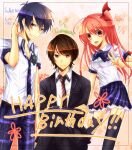  1girl 2boys ahoge belt black_jacket black_pants black_thighhighs blue_hair bow bowtie breasts brown_belt chaos;head chaos;head_love_chu_chu! character_name chiyomaru_shikura collarbone collared_shirt commentary_request crossed_legs dress_shirt gesture_request grin happy_birthday jacket long_hair looking_at_viewer loose_necktie miniskirt multiple_boys necktie nervous_smile nishijou_myu nishijou_takumi open_collar open_mouth pants petticoat pink_eyes pink_hair plaid_bow plaid_bowtie plaid_clothes plaid_necktie plaid_pants plaid_skirt plaid_sleeves purple_pants real_life sakihata_rimi school_emblem school_uniform science_adventure shirt shirt_tucked_in short_sleeves sitting skirt small_breasts smile standing striped_clothes striped_necktie suimei_academy_school_uniform suit suit_jacket summer_uniform thighhighs white_shirt yellow_eyes 