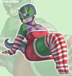  absurd_res amanda_(mr.carno) anthro armwear artist_name bell bell_collar big_breasts breasts ceratopsian ceratopsid chasmosaurine christmas clothed clothed_anthro clothed_female clothing collar colored detailed_background dinosaur dress elbow_gloves eyewear facial_horn feet female fingers frill_(anatomy) frill_piercing front_view full-length_portrait furgonomic_piercing furgonomics glasses gloves green_body green_eyes handwear hi_res holidays horn humanoid_feet humanoid_hands legwear looking_at_viewer marginocephalian mr.carno nipple_outline non-mammal_breasts ornithischian pattern_clothing pattern_gloves pattern_handwear pattern_legwear pattern_stockings piercing pinup plantigrade portrait pose prehistoric_species purple_body red_clothing red_dress reptile santa_dress scalie seductive shaded smile solo stockings striped_clothing striped_gloves striped_handwear striped_legwear striped_stockings stripes tail tan_body text thick_thighs toes triceratops url watermark 