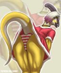  absurd_res anthro artist_name bent_over blue_eyes bone_frill bottomwear butt camel_toe christmas clothed clothing colored detailed detailed_background dinosaur female frill_(anatomy) frill_piercing furgonomic_piercing furgonomics grey_hair hadrosaurid hair head_turned hi_res highlights_(coloring) holidays knock-kneed looking_at_viewer looking_back low-angle_view markings mr.carno open_mouth open_smile ornithischian ornithopod panties parasaurolophus pattern_bottomwear pattern_clothing pattern_panties pattern_underwear piercing pink_hair pinup portrait pose prehistoric_species presenting presenting_hindquarters rear_view reptile santa_dress scalie shaded smile solo standing striped_bottomwear striped_clothing striped_markings striped_panties striped_underwear stripes tan_body text three-quarter_portrait underwear upskirt url watermark yellow_body zahra_(mr.carno) 