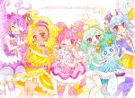  5girls amamiya_elena aqua_hair blonde_hair blue_hair boots commentary_request cowboy_shot creature cure_cosmo cure_milky cure_selene cure_soleil cure_star dark-skinned_female dark_skin dress fairy frills fuwa_(precure) hagoromo_lala hoshina_hikaru inset_border kaguya_madoka knee_boots long_hair looking_at_viewer magical_girl multiple_girls nene_(oneoneo13) pink_dress pink_hair pleated_dress precure prunce_(precure) puffy_short_sleeves puffy_sleeves purple_dress purple_hair short_sleeves simple_background single_leg_pantyhose single_thighhigh smile star_twinkle_precure thighhighs twintails very_long_hair white_background yellow_dress yuni_(precure) 