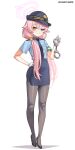  1girl absurdres alternate_costume armband black_pantyhose black_shoes blue_archive blue_eyes blue_necktie blue_shirt blue_skirt blush cuffs english_commentary female_service_cap full_body gloves green_armband hair_between_eyes hair_ornament halo hand_on_own_hip hand_up handcuffs heterochromia high_heels highres holding holding_handcuffs hoshino_(blue_archive) long_hair looking_at_viewer low_twintails necktie paintlabor pantyhose pencil_skirt pink_hair pink_halo police police_uniform policewoman shirt shoes side_slit simple_background skirt smile solo star_(symbol) star_hair_ornament thighband_pantyhose twintails twitter_username white_background white_gloves yellow_eyes 