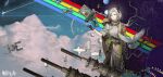  1girl arknights bird black_gloves blue_sky cassette_tape closed_mouth cloud commentary_request crt cumulonimbus_cloud dove earth_(planet) fingerless_gloves flock gloves green_eyes grey_hair kuroinu9 medium_hair nasti_(arknights) neptune_(planet) notched_ear paper_airplane planet pointy_ears retrofuturism shirt shooting_star signature simple_bird sky sleeves_pushed_up solo twitter_username uneven_bangs uranus_(planet) venus_(planet) voyager_probe white_bird white_shirt 