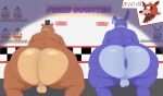 absurd_res animatronic anthro anus balls bear big_butt bonnie_(fnaf) brown_body brown_fur butt canid canine clothing dialogue duo five_nights_at_freddy's fox foxy_(fnaf) freddy_(fnaf) fur genitals gypsy_king hat headgear headwear hi_res huge_butt hyper hyper_butt kneeling lagomorph leporid machine male mammal overweight overweight_male plushie presenting presenting_hindquarters prize_counter purple_body purple_fur rabbit robot scottgames shocked simple_background slightly_chubby smoking spread_butt spread_legs spreading tail text top_hat toy ursine wide_eyed