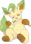  2026 ambiguous_anthro ambiguous_gender anthro anthrofied biped black_nose brown_body brown_fur brown_inner_ear brown_pawpads brown_sclera colored digital_media_(artwork) eeveelution featureless_crotch feet front_view full-length_portrait fur generation_4_pokemon gloves_(marking) green_ears green_tail half-closed_eyes head_tuft hi_res hindpaw kemono leaf leaf_ears leaf_tail leafeon leg_markings lidded_eyes looking_at_viewer mammal markings multicolored_body multicolored_fur narrowed_eyes navel nintendo nude open_mouth open_smile pawpads paws pokemon pokemon_(species) pokemorph portrait semi-anthro shaded simple_background simple_shading sitting slightly_chubby slightly_chubby_ambiguous slightly_chubby_anthro smile socks_(marking) solo tail tinntira tuft white_background white_eyes yellow_body yellow_fur 
