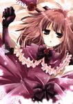  bad_id bad_pixiv_id bangs blunt_bangs bow brown_eyes brown_hair bug butterfly dress eva_beatrice flower frills gloves hat ico_(pekoguest) insect lolita_fashion long_hair looking_at_viewer lying on_back open_mouth parted_lips purple_dress rose solo umineko_no_naku_koro_ni 
