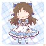  1girl :d alice's_adventures_in_wonderland apron blue_bow blue_dress blue_shoes blush bow brown_hair dress frilled_apron frills hair_bow heart holding holding_microphone idolmaster idolmaster_cinderella_girls idolmaster_cinderella_girls_starlight_stage kneehighs long_hair microphone mitarashi_neko parted_bangs plaid_background puffy_short_sleeves puffy_sleeves ribbon-trimmed_socks ribbon_trim shadow shoes short_sleeves smile socks solo standing striped_clothes striped_socks tachibana_arisu very_long_hair white_apron |_| 