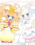  2girls blonde_hair blue_eyes bun_cover china_dress chinese_clothes commentary_request cowboy_shot dress food_in_mouth fuwa_(precure) in-franchise_crossover long_hair looking_at_viewer mahou_girls_precure! mandarin_collar meandros meandros_border mofurun_(precure) multiple_girls nene_(oneoneo13) precure simple_background sleeves_past_fingers sleeves_past_wrists smile star_twinkle_precure very_long_hair white_background white_dress white_hair yellow_dress 