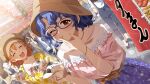  2girls :d ^_^ animal-themed_food bespectacled blue_hair blue_skirt blush brown_eyes brown_hat card_commentary closed_eyes commentary_request day dutch_angle eating floral_print floral_print_skirt food game_asset glasses hand_up hat idolmaster idolmaster_million_live! idolmaster_million_live!_theater_days multiple_girls official_art one_eye_closed open_mouth outdoors pink_shirt print_skirt shirt short_hair skirt smile standing steamed_bun third-party_source toyokawa_fuka yabuki_kana 