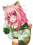 animal_ears belt blush cat_(trickster) cat_ears cat_tail detached_sleeves fang long_hair midriff navel open_mouth pink_hair purple_eyes solo sweat tail trickster tsuukounin_(pixiv_39749) 