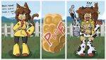 3_panel_comic absurd_res animal_print animal_print_bikini anthro arm_cannon armor armwear artist_name belt bikini black_clothing blush bottomwear breasts brown_body brown_ears brown_fur brown_hair brown_tail cannon cat_tail clothed clothing cloud comic_panel constricted_pupils cow_print cow_print_bikini cowbell cowbell_collar digital_drawing_(artwork) digital_media_(artwork) domestic_cat ear_piercing ear_tag elbow_gloves embarrassed english_text exclamation_point eyewear eyewear_on_head fake_horns fangs felid feline felis female fence field finger_on_chin fingers footwear fur gameoverse gauntlets glitch_productions gloves goggles grass grass_field hair handwear hi_res holding_object holding_weapon hoodie kit_(gameoverse) looking_at_viewer looking_away mammal milk_gun milk_tank onomatopoeia open_mouth orange_clouds outside pattern_bikini pattern_clothing pattern_swimwear piercing pink_eyes pivoted_ears plant poof_effect poof_transformation pupils raised_tail ranged_weapon sequence short_hair shorts skirt sky small_pupils snoutless solo sound_effects spandex spandex_shorts spats standing surprised swimwear tail teeth text tight_bottomwear tight_clothing tight_shorts topwear two-piece_swimsuit weapon weapon_arm whiskers yellow_clothing yellow_hoodie yellow_topwear 