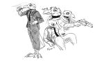 anthro avian barefoot beak bird bow_tie corvid corvus_(genus) crow eyebrows feathers feet gun izaan_raysmith_(mawkvlt) male mawkvlt monochrome oscine passerine ranged_weapon smile smoke smoking smoking_pipe solo tail tail_feathers text weapon