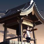  bell black_legwear brown_eyes brown_hair can eisuke_(itsuka_bokura_wa_tabi_ni_deru) hand_in_pocket original scarf short_hair shrine shrine_bell skirt solo thighhighs zettai_ryouiki 