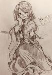  1girl :3 absurdres checkered_clothes checkered_scarf commentary_request efukei futatsuiwa_mamizou futatsuiwa_mamizou_(human) glasses hand_on_own_cheek hand_on_own_face highres holding holding_smoking_pipe leaf leaf_on_head long_hair long_sleeves looking_at_viewer open_mouth round_eyewear scarf sitting smile smoking_pipe solo tanuki touhou traditional_media wide_sleeves 