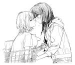  2girls absurdres bang_dream! bang_dream!_it's_mygo!!!!! blush closed_eyes closed_mouth commentary_request greyscale highres imminent_kiss in_shopping_cart kaname_raana korean_commentary long_hair monochrome multiple_girls neonfloyd shiina_taki shopping_cart short_hair yuri 