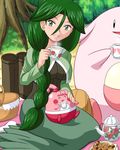  bad_id basket breasts chansey checkerboard_cookie cookie cup flower food gen_1_pokemon gen_4_pokemon green_eyes green_hair hair_over_shoulder happiny jam_cookie lowres medium_breasts momi_(pokemon) nature outdoors parted_lips picnic pokemoa pokemon pokemon_(creature) sitting tea teacup teapot 