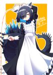  1girl animal_ear_fluff animal_ears apron black_dress black_hair blue_bow blue_bowtie blue_hair blush_stickers border bow bowtie cat_ears closed_eyes closed_mouth colored_inner_hair commentary_request cowboy_shot cup dated decantering dress enmaided failure flat_chest floating_clothes grin hair_over_one_eye highres holding holding_above_head holding_saucer holding_teapot large_tail lizard_tail long_sleeves maid maid_apron maid_headdress medium_hair mikagura mikagura-chan_(mikagura) monster_girl multicolored_hair orange_background original outline pouring purple_hair saucer simple_background smile smug solo spiked_tail spilling split_mouth swept_bangs tail tea teacup teapot translation_request twitter_username v-shaped_eyebrows white_apron white_border white_headdress white_outline white_wrist_cuffs wrist_cuffs 