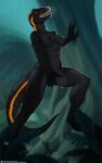 absurd_res anthro black_body black_scales breasts claws dinosaur female hi_res indoraptor jurassic_park jurassic_world masturbation nipples non-mammal_breasts non-mammal_nipples outside prehistoric_species quangdoann raining red_eyes reptile saurischian scales scalie sharp_teeth solo tail teeth theropod thick_tail universal_studios vaginal vaginal_masturbation water wet