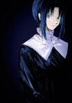  1girl ashashio blue_background blue_eyes blue_hair ciel_(tsukihime) closed_mouth highres looking_at_viewer nun puritan_collar sidelocks sideways_glance sketch solo tsukihime vignetting 