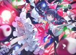  1girl ascot black_hair black_shoes bloomers bow brown_eyes commentary_request danmaku detached_sleeves frilled_bow frilled_hair_tubes frilled_skirt frills gohei grin hair_bow hair_tubes hakurei_reimu holding holding_gohei long_hair looking_at_viewer mary_janes ofuda orb red_bow red_skirt ribbon-trimmed_sleeves ribbon_trim shoes skirt skirt_set smile socks solo syuri22 touhou weiss_schwarz white_bloomers white_socks yellow_ascot yin_yang yin_yang_orb 