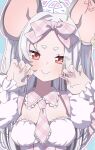  1girl absurdres alternate_costume animal_ears blue_archive blush bow claw_pose commentary_request detached_collar ear_tag fingernails frilled_necktie frilled_sleeves frills halo hands_up highres long_fingernails long_hair long_sleeves looking_at_viewer mouse_ears mouse_girl mugi_(marineblue134) nail_art necktie pink_bow pink_nails pink_necktie puffy_long_sleeves puffy_sleeves red_eyes saya_(blue_archive) short_eyebrows smile solo straight-on upper_body white_hair white_halo 