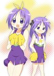  cheerleader hands_on_hips hiiragi_kagami hiiragi_tsukasa lucky_star multiple_girls pom_poms purple_eyes purple_hair shio 