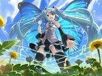  blue_eyes blue_hair butterfly_wings dandelion flower hatsune_miku k2pudding long_hair musical_note solo thighhighs twintails upskirt vocaloid wings zettai_ryouiki 