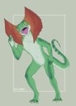 absurd_res anthro artist_name big_eyes claws colored featureless_crotch feet finger_claws fingers frill_(anatomy) front_view full-length_portrait green_body green_scales grey_background grey_body hi_res humanoid_hands looking_at_viewer male markings membrane_(anatomy) mr.carno navel neck_frill non-mammal_navel nude_anthro nude_male open_mouth portrait pose scales scalie shaded sharp_teeth simple_background solo species_request standing striped_markings stripes tail teeth text toe_claws toes webbed_feet yellow_sclera