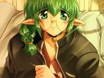  bangs bed bell bell_collar blue_eyes braid celes_leblanc collar curtains elf game_cg glasses green_hair hair_between_eyes indoors jacket jingle_bell karen_(artist) light_rays long_hair long_pointy_ears looking_at_viewer parted_lips pastel_chime pillow pointy_ears scrunchie shirt shirt_tug sidelocks single_braid solo sunbeam sunlight upper_body 