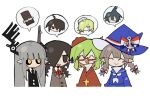  4girls anchor_hat_ornament beret black_eyes black_hair black_necktie black_sclera black_vest blue_hat blue_sailor_collar blue_serafuku blush_stickers bow bowtie braid brown_hair brown_jacket buttons closed_eyes closed_mouth collared_shirt colored_sclera commentary_request creator_connection cropped_torso cross cross_necklace demon_girl demon_horns earrings froze_(funamusea) funamusea glasses green_hair grey_hair haiiro_teien hat hat_ornament horn_piercing horns jacket jewelry jitome kigihara kurai_shinya kurai_yonaka kurotsuno long_hair mogeko_castle multicolored_bow multiple_girls neckerchief necklace necktie no_mouth oounabara_to_wadanohara open_mouth pointy_ears red_bow red_bowtie red_hat red_sweater sailor_collar samekichi_(funamusea) school_uniform semi-rimless_eyewear serafuku shirt simple_background single_blush_sticker single_horn smile speech_bubble spoken_character spoken_food sutare_yume sweater turtleneck turtleneck_shirt twin_braids vest wadanohara white_background white_neckerchief white_shirt witch_hat yellow_eyes yosafire_(funamusea) 