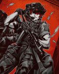  1girl 1other ak-74m assault_rifle bag black_gloves black_pants combat_helmet epakim gloves grey_shirt gun gun_sling helmet highres holding holding_gun holding_weapon kalashnikov_rifle night_vision_device orange_eyes original pants red_background red_hair rifle scar scar_on_cheek scar_on_face scar_on_mouth shirt simple_background tactical_clothes weapon 