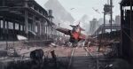  absurdres aerial_battle aircraft airplane battle building crash_landing day dogfight drum_(container) grey_sky highres hutao_li military_vehicle no_humans original outdoors propeller_fighter railroad_tracks scenery shot_down sky train_station 