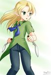  bad_id bad_pixiv_id blonde_hair green_eyes knife open_mouth original pointy_ears regdic reverse_grip solo 