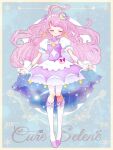  1girl ahoge blue_background boots border character_name closed_eyes commentary_request cure_selene dress full_body kaguya_madoka knee_boots light_smile long_hair magical_girl nene_(oneoneo13) precure puffy_short_sleeves puffy_sleeves purple_dress purple_hair short_sleeves solo star_twinkle_precure two_side_up very_long_hair white_border 