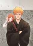  1boy 1girl absurdres behind_another bleach blue_eyes brown_hair crossed_arms highres inoue_orihime japanese_clothes kurosaki_ichigo multicolored_eyes orange_eyes orange_hair photo-referenced photo_background sela_(chanppu) shihakusho smile sword sword_on_back two-tone_eyes v weapon weapon_on_back wide_sleeves zangetsu_(shikai) 