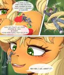 2026 5_fingers absurd_res applejack_(mlp) artist_name black_clothing black_footwear black_shoes blonde_hair blue_clothing blush bottomwear brown_eyes brown_hair clothing colored comic cowboy_hat denim denim_bottomwear denim_clothing dialogue digital_drawing_(artwork) digital_media_(artwork) duo english_text equid equine eugene_(leerman) facial_hair female feral fingers flannel_shirt footwear freckled_face freckles friendship_is_magic green_eyes hair hasbro hat headgear headwear hi_res horse human javafluffy jeans larger_female larger_feral macro_female macro_feral male mammal micro micro_human micro_male micro_on_nose my_little_pony orange_body pants pony shoes signature sitting sitting_on_another size_difference smaller_human smaller_male smile smiling_at_another sound_effects tail tail_flick text