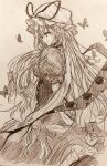  1girl absurdres bow bug butterfly closed_mouth commentary_request corset dress efukei gap_(touhou) gloves hair_bow hat highres mob_cap multiple_hair_bows puffy_short_sleeves puffy_sleeves short_sleeves smile solo touhou traditional_media yakumo_yukari 