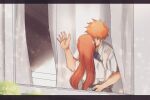  1boy 1girl against_glass behind_curtains bleach blue_necktie brown_hair collared_shirt commentary_request curtains faceless faceless_male grey_skirt hand_on_glass height_difference hetero highres inoue_orihime karakura_high_school_uniform kiss kurosaki_ichigo letterboxed light_rays necktie orange_hair pleated_skirt school_uniform sela_(chanppu) shirt short_sleeves skirt white_shirt window 