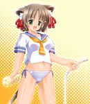  animal_ears bad_id bad_pixiv_id bow breasts brown_hair cat_ears cat_tail covered_nipples green_eyes hair_bow hair_ribbon hose medium_breasts necktie no_pants open_mouth original panties papaneko ribbon school_uniform serafuku short_hair side-tie_panties smile solo sponge striped striped_panties tail underwear wet 