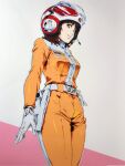  1girl belt brown_eyes brown_hair commentary_request cowboy_shot gloves gun hand_on_own_hip headset helmet highres holster holstered jouno_emi jumpsuit looking_at_viewer medium_hair orange_jumpsuit smash_k-tarou solo standing ultra_series ultraman_80_(series) weapon white_belt white_gloves white_helmet 