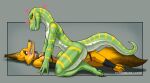 anthro anthro_on_anthro anthro_on_bottom anthro_on_top artist_name bedroom_eyes belt_collar blush brown_body brown_fur canid canine claws clenched_teeth clothing colored digitigrade dinosaur dominant dominant_anthro dominant_female duo feet female female_on_top femboy fingers fishnet_clothing fishnet_crop_top fishnet_legwear fox fur green_body grey_background grey_body grey_scales heart_symbol hi_res humanoid_hands interspecies legwear looking_at_another male male/female male_on_bottom mammal markings mr.carno narrowed_eyes nervous on_bottom on_top orange_body orange_fur pawpads prehistoric_species red_sclera reptile scales scalie seductive shaded shadow sharp_teeth side_view simple_background smile smirk species_request striped_markings stripes submissive submissive_anthro submissive_male tail teeth text toe_claws toes url watermark yellow_body yellow_eyes