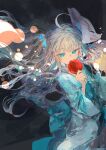  1girl absurdres ahoge aqua_eyes aqua_kimono candy_apple dark_background floating_hair food fox_mask grey_hair hand_up highres holding holding_food ichika_(ichika87) japanese_clothes kimono light_particles looking_at_viewer mask open_mouth original solo standing twintails yukata 