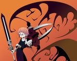  1other androgynous bad_id bad_pixiv_id brown_hair cowboy_shot crona_(soul_eater) expressionless glasses holding holding_sword holding_weapon ogata_zen orange_background purple_hair ragnarok_(demon_sword) simple_background solo soul_eater standing sword weapon 