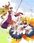  aburaage animal_ears bad_id bad_pixiv_id blonde_hair blush eating fishing_rod food fox_ears fox_tail hat heart jumping long_hair mouth_hold multiple_girls ribbon short_hair tail touhou yakumo_ran yakumo_yukari yellow_eyes yukataro 