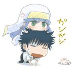  1girl anger_vein angry biting black_hair blue_hair cat chibi denden green_eyes habit head_biting index kamijou_touma long_hair safety_pin scared short_hair sphinx_(index) sweatdrop to_aru_majutsu_no_index 